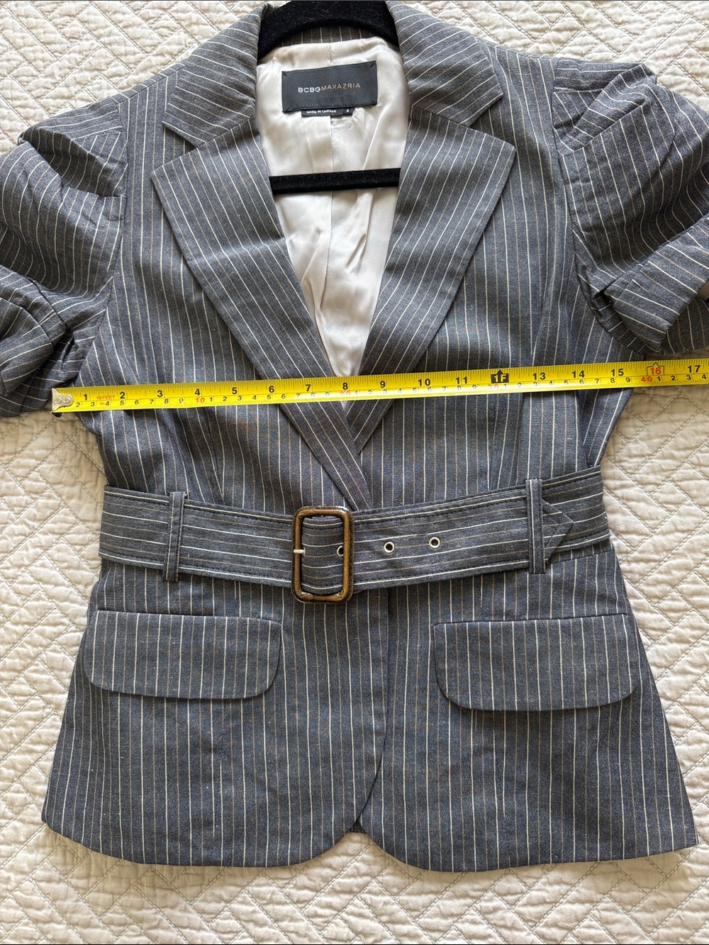 BCBGMaxAzria LARISSA Gray Pinstripe Short-Sleeve Belted Blazer Size S - Picture 6 of 11